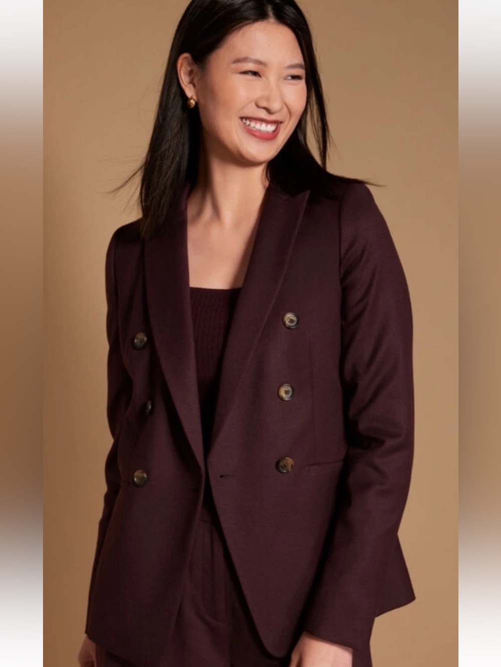 Talbots Luxe Italian Strech Flannel Double-Breasted Deep Plum Blazer Sz 8